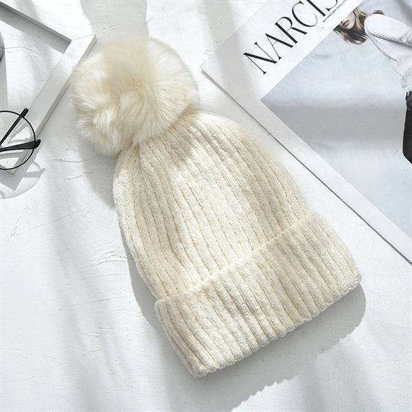 Fleece Lined Winter Chenille Pompom Cuffed Knit Beanie