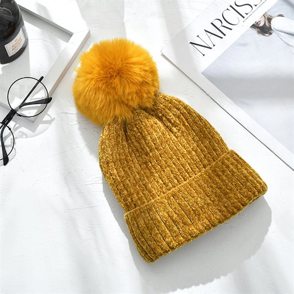Fleece Lined Winter Chenille Pompom Cuffed Knit Beanie