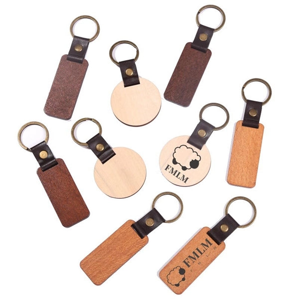 Engraved Wooden w/ Leather Keychain