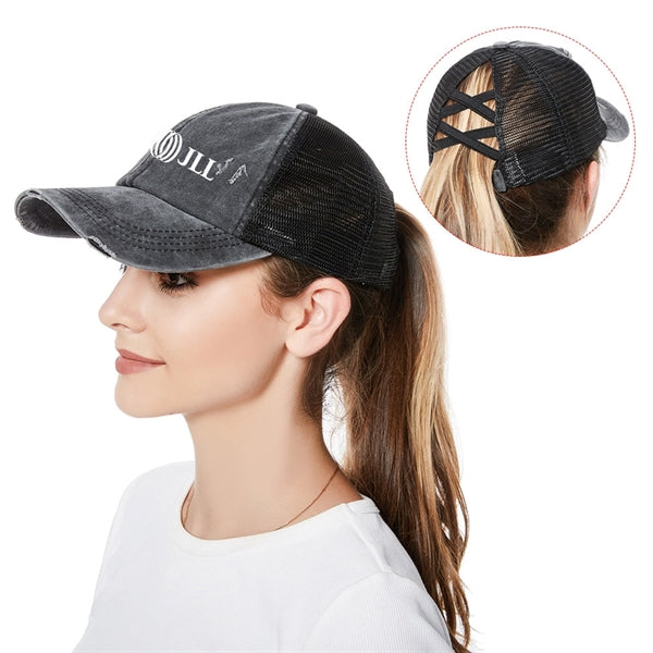 Distressed Ponytail Cap with Mesh Back