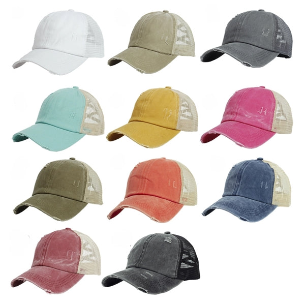 Distressed Ponytail Cap with Mesh Back