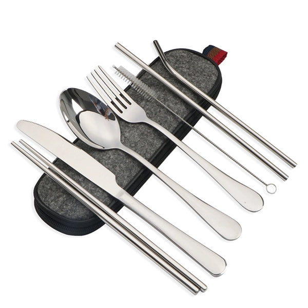 Portable Stainless Steel Flatware with Straw Set of 7