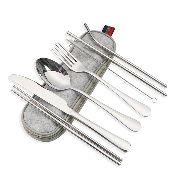 Portable Stainless Steel Flatware with Straw Set of 7