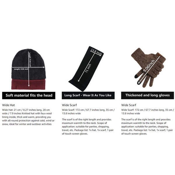 3Pieces Unisex Winter Hat Scarf Gloves Set