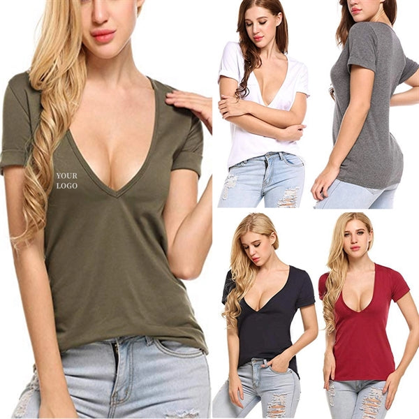 Short Sleeve Deep V Neck T-Shirts For Women