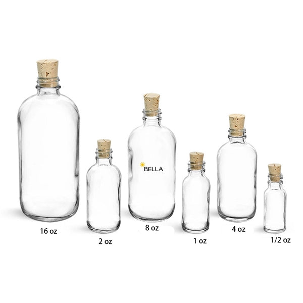 Clear Glass Boston Round Bottles W/ Cork Stoppers