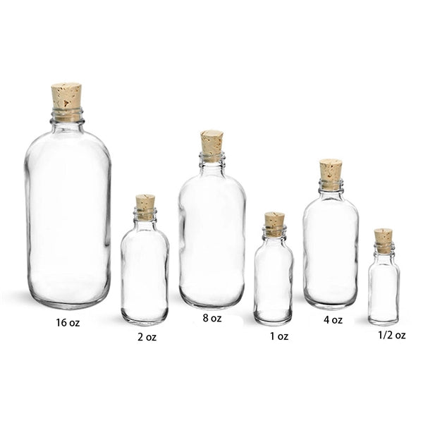 Clear Glass Boston Round Bottles W/ Cork Stoppers