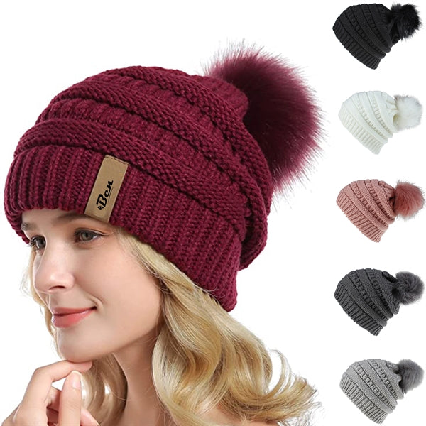 Knitted Multiple Color Blend Pompom Beanie Winter Hat