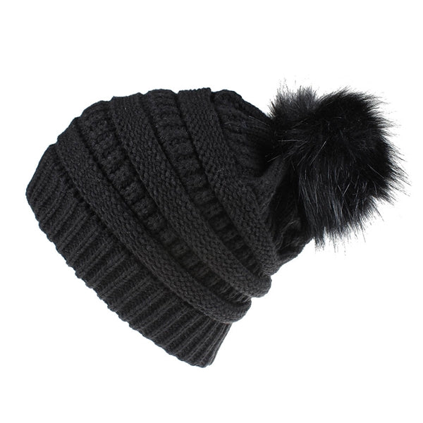 Knitted Multiple Color Blend Pompom Beanie Winter Hat