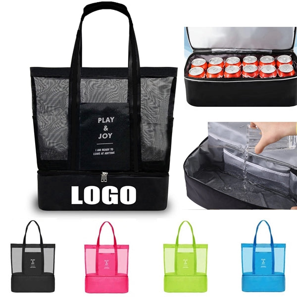 Mesh Beach Tote Lunch Bag With Cooler Bottom