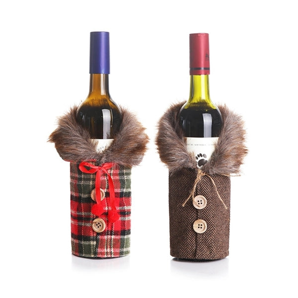 Checkered Pattern Fur Collar Clothes Red Wine Bottle Covers
