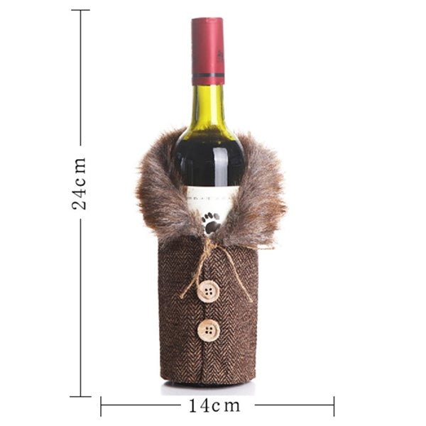 Checkered Pattern Fur Collar Clothes Red Wine Bottle Covers