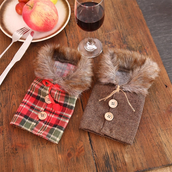 Checkered Pattern Fur Collar Clothes Red Wine Bottle Covers