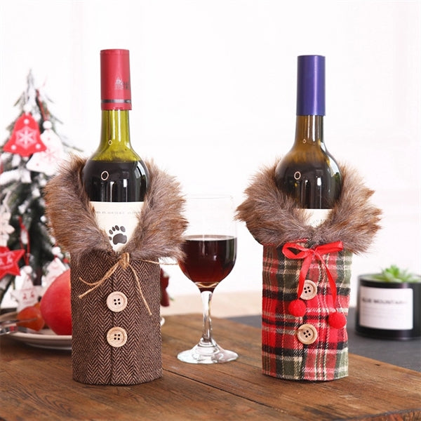 Checkered Pattern Fur Collar Clothes Red Wine Bottle Covers