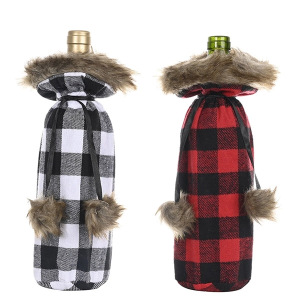 Plaid Fur Wine Champagne Bottle Cover Table Dinner Decor