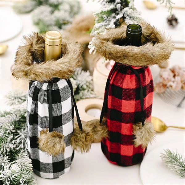 Plaid Fur Wine Champagne Bottle Cover Table Dinner Decor