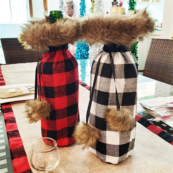 Plaid Fur Wine Champagne Bottle Cover Table Dinner Decor