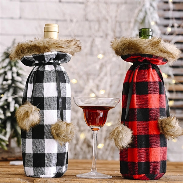 Plaid Fur Wine Champagne Bottle Cover Table Dinner Decor