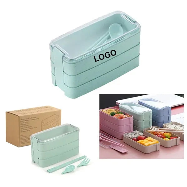 3-Tiers Wheat Straw Fiber Lunchbox with Spoon and Fork