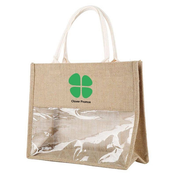 Casual Shopping Tote Linen Handbag with Clear PVC Window