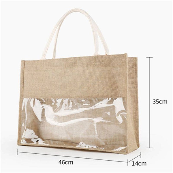 Casual Shopping Tote Linen Handbag with Clear PVC Window
