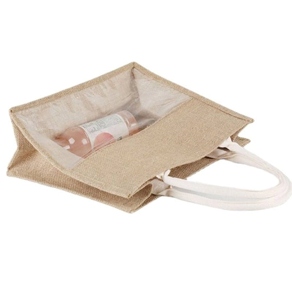Casual Shopping Tote Linen Handbag with Clear PVC Window