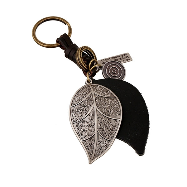 Retro Leaf Keychains Leather Alloy Key Rings Lucky Gift