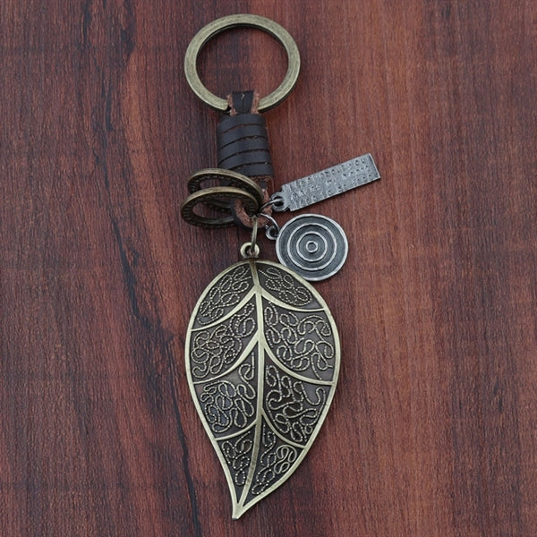 Retro Leaf Keychains Leather Alloy Key Rings Lucky Gift