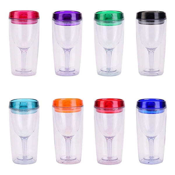 10oz Double Wall Goblet Shape Plastic Wine Tumbler With Lid