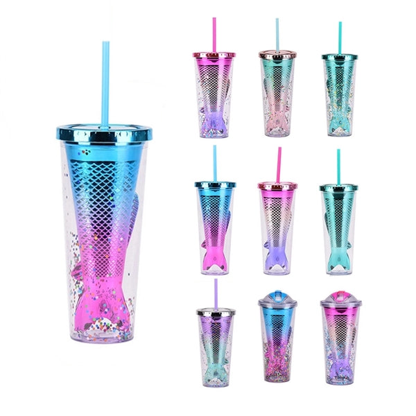 12oz Double Wall Plastic Tumbler Mermaid Cup With Lid Straw