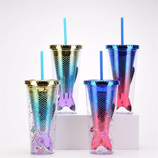 12oz Double Wall Plastic Tumbler Mermaid Cup With Lid Straw