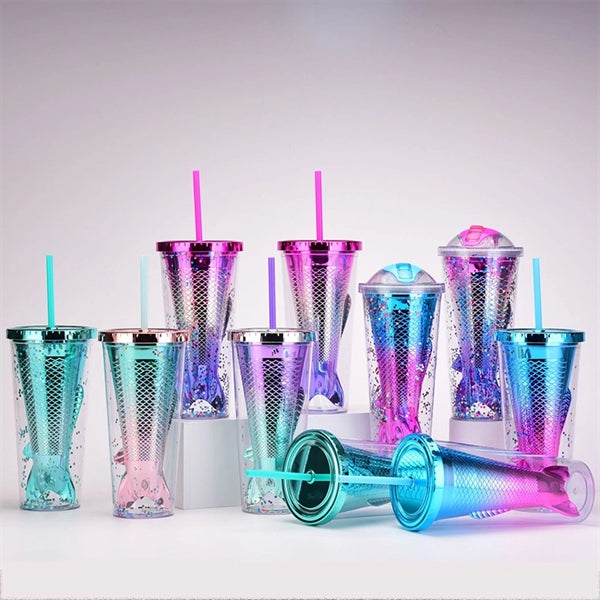 12oz Double Wall Plastic Tumbler Mermaid Cup With Lid Straw