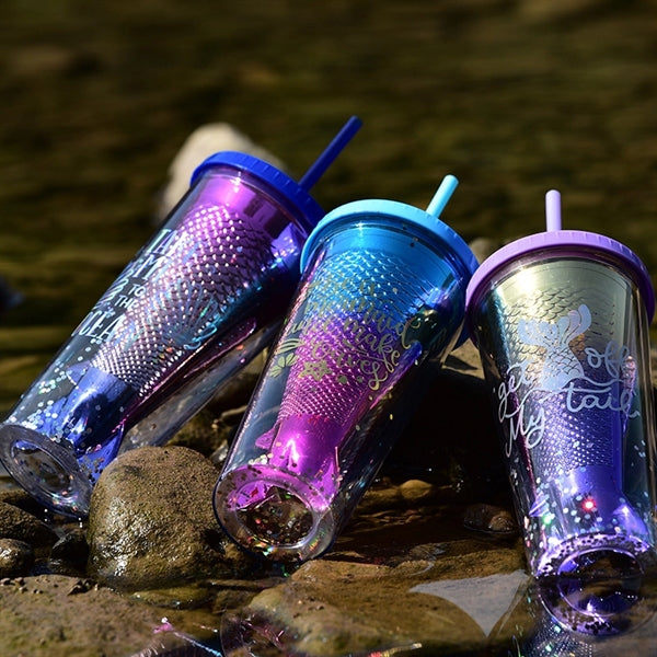 12oz Double Wall Plastic Tumbler Mermaid Cup With Lid Straw