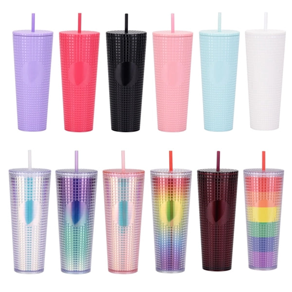 24 oz Plastic Studded Tumbler With Lid Straw Double Wall Cup