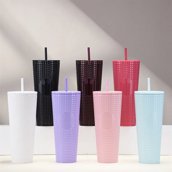 24 oz Plastic Studded Tumbler With Lid Straw Double Wall Cup