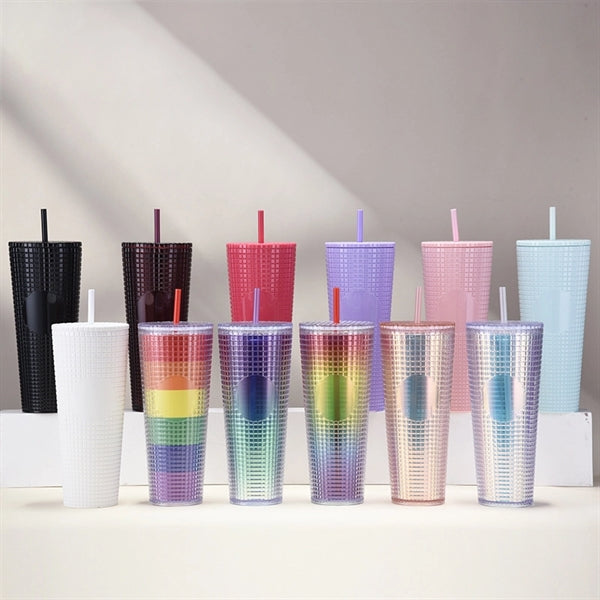 24 oz Plastic Studded Tumbler With Lid Straw Double Wall Cup