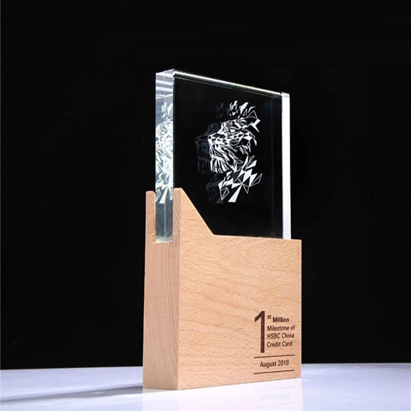 Engraved Crystal Trophy Award With Wooden Base