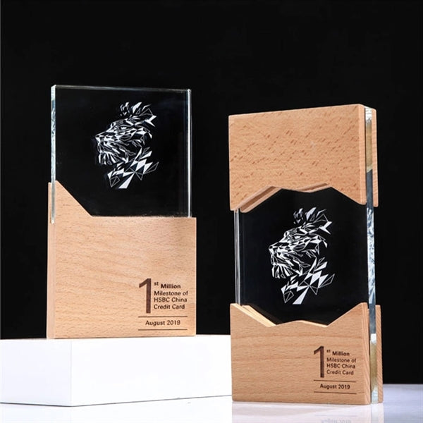 Engraved Crystal Trophy Award With Wooden Base