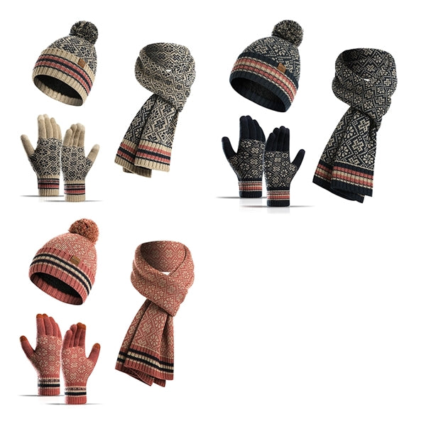 3Pcs Knitted Set Hat With Pom Scarf Touch Screen Gloves