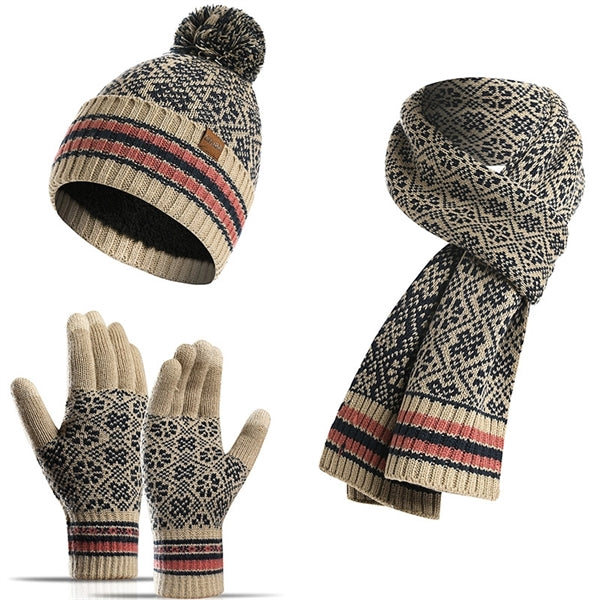 3Pcs Knitted Set Hat With Pom Scarf Touch Screen Gloves