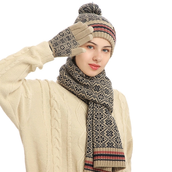 3Pcs Knitted Set Hat With Pom Scarf Touch Screen Gloves