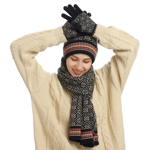 3Pcs Knitted Set Hat With Pom Scarf Touch Screen Gloves