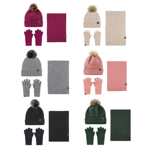 3Pcs Knitted Set Hat With Pom Scarf Touch Screen Gloves