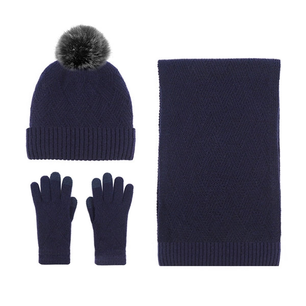 3Pcs Knitted Set Hat With Pom Scarf Touch Screen Gloves