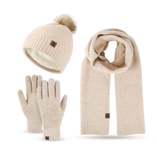 3Pcs Knitted Set Hat With Pom Scarf Touch Screen Gloves