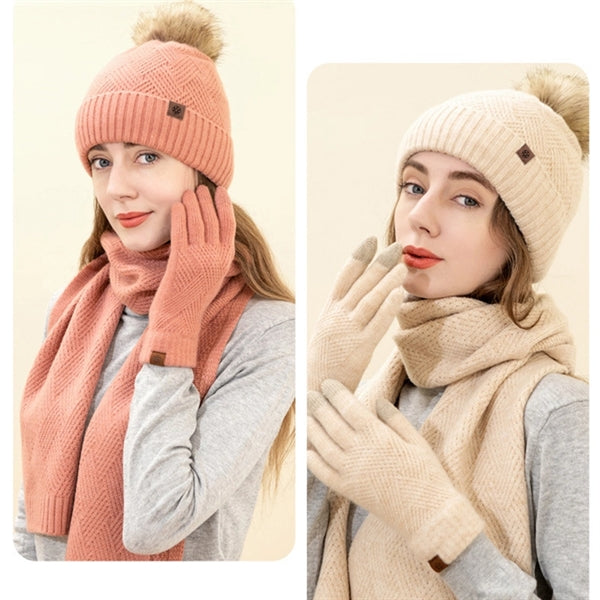 3Pcs Knitted Set Hat With Pom Scarf Touch Screen Gloves