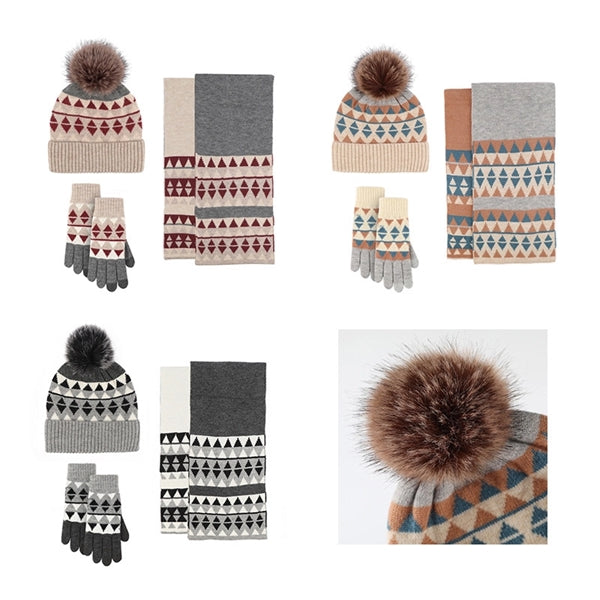 3Pcs Knitted Set Hat With Pom Scarf Touch Screen Gloves