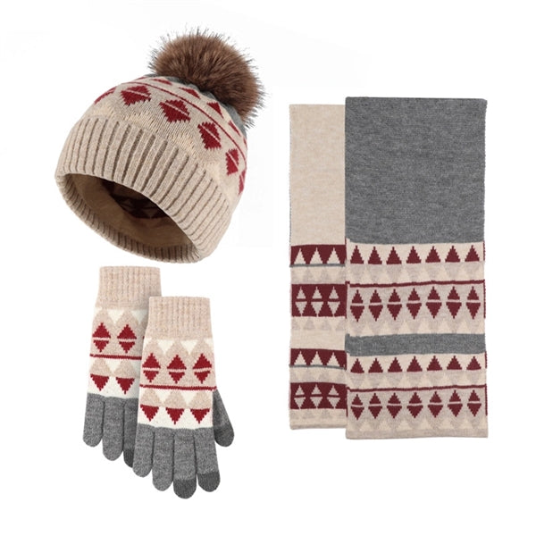 3Pcs Knitted Set Hat With Pom Scarf Touch Screen Gloves