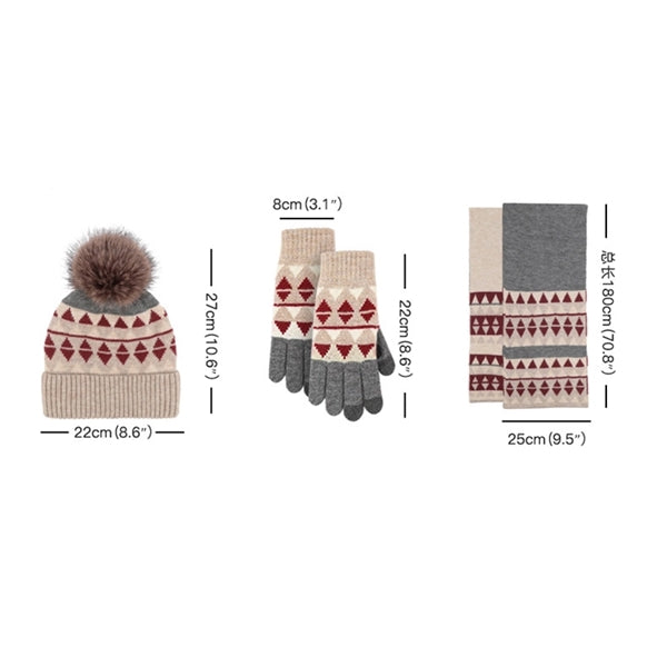 3Pcs Knitted Set Hat With Pom Scarf Touch Screen Gloves