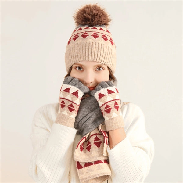 3Pcs Knitted Set Hat With Pom Scarf Touch Screen Gloves